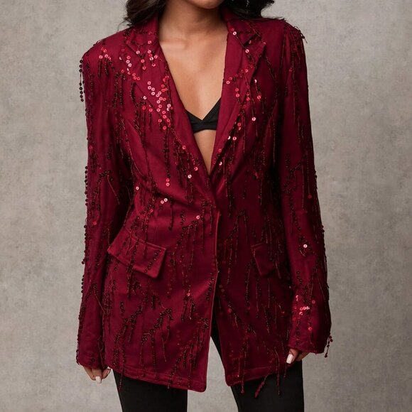 burgundy Party Women's Sequin Patchwork Lapel Neck Long Sleeve Blazer Jacket - Picture 6 of 7